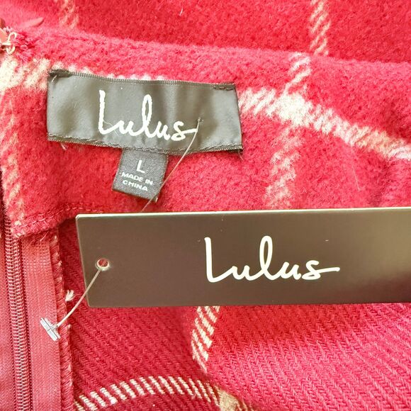 Lulus Spence Wine Red Plaid Mini Skirt Chic Retro A-Line Wool-Look Stylish Sz L - Picture 5 of 8